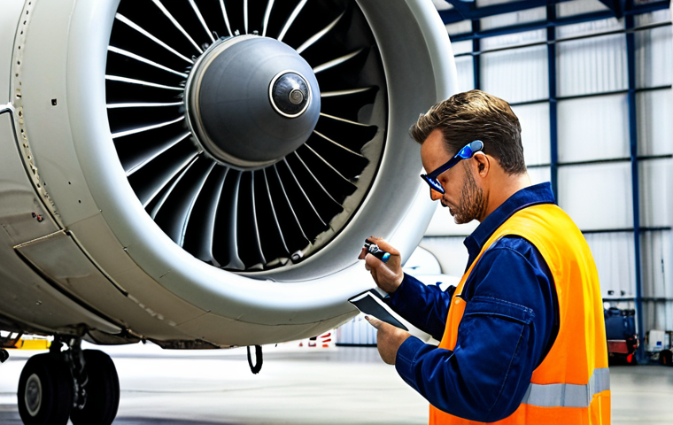 **
AIRCRAFT MECHANIC - A skilled aircraft mechanic in a bright, modern hangar, meticulously inspecting a jet engine. He is wearing safety glasses and using diagnostic tools. Focus on the technical detail and precision of his work. Emphasize the importance of safety and maintenance in aviation.
**