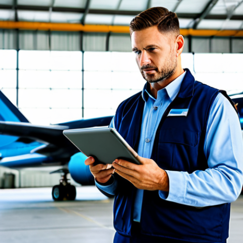 Home 6 A professional male aircraft mechanic, wearing a clean, modest work uniform and safety vest, stands confidently in a brightly lit, modern aircraft hangar. He is looking at a tablet in his hands, displaying complex technical data, with a large commercial airliner wing visible in the background. His pose is natural and focused, embodying technological integration in aviation maintenance. Perfect anatomy, correct proportions, natural body proportions, well-formed hands, proper finger count. Professional photography, high quality, sharp focus, natural lighting. safe for work, appropriate content, fully clothed, professional, modest, family-friendly.