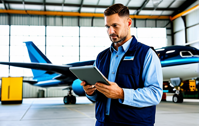 A professional male aircraft mechanic, wearing a clean, modest work uniform and safety vest, stands confidently in a brightly lit, modern aircraft hangar. He is looking at a tablet in his hands, displaying complex technical data, with a large commercial airliner wing visible in the background. His pose is natural and focused, embodying technological integration in aviation maintenance. Perfect anatomy, correct proportions, natural body proportions, well-formed hands, proper finger count. Professional photography, high quality, sharp focus, natural lighting. safe for work, appropriate content, fully clothed, professional, modest, family-friendly.