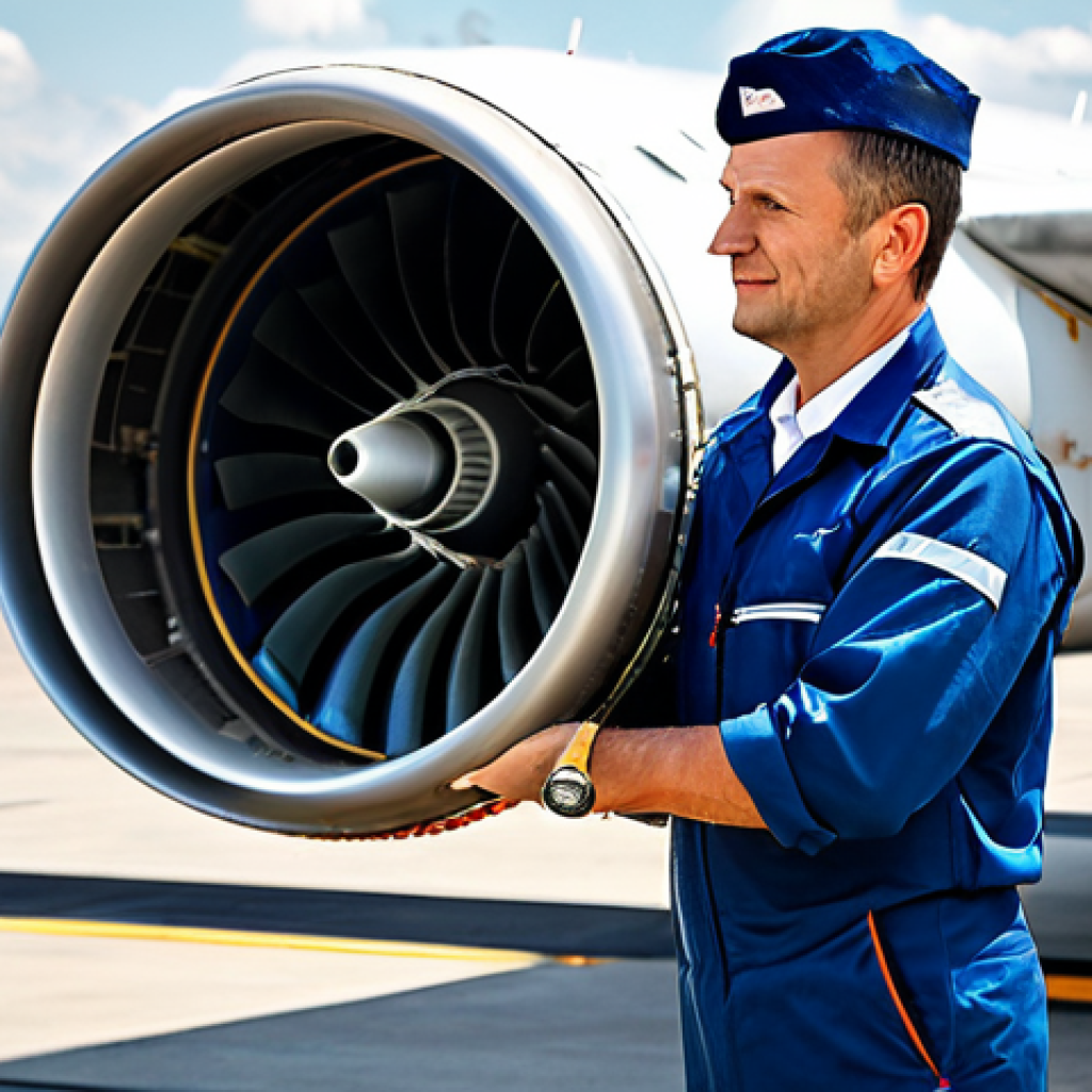 **
"A professional aircraft mechanic in a fully clothed uniform inspecting a jet engine on the tarmac at a German airport, Frankfurt Airport in the background, appropriate attire, safe for work, perfect anatomy, natural proportions, professional photography, daytime, high quality, family-friendly."
**