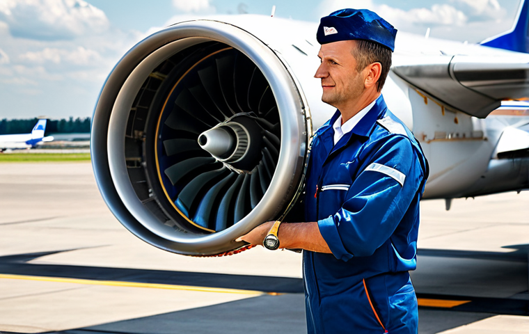 **

"A professional aircraft mechanic in a fully clothed uniform inspecting a jet engine on the tarmac at a German airport, Frankfurt Airport in the background, appropriate attire, safe for work, perfect anatomy, natural proportions, professional photography, daytime, high quality, family-friendly."

**