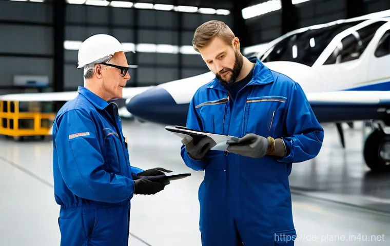 항공정비사와 협력 업체 관계 관리 - **Prompt 1: Collaborative Aviation Maintenance in a Hangar**
"A diverse team of skilled aircraft...