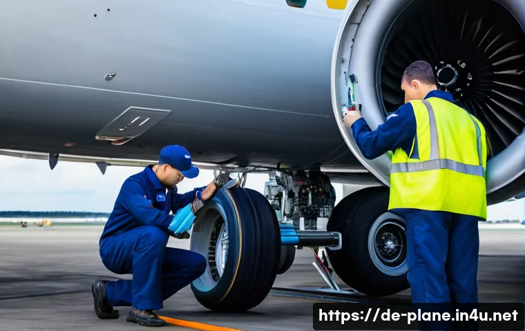 항공정비사와 항공사별 정비 프로세스 - **Prompt:** A group of highly focused aircraft technicians, dressed in clean, professional work unif...