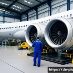 항공정비사 이직 시 고려할 점 - A detailed scene inside a modern large aviation maintenance hangar in Germany, showing a diverse tea...