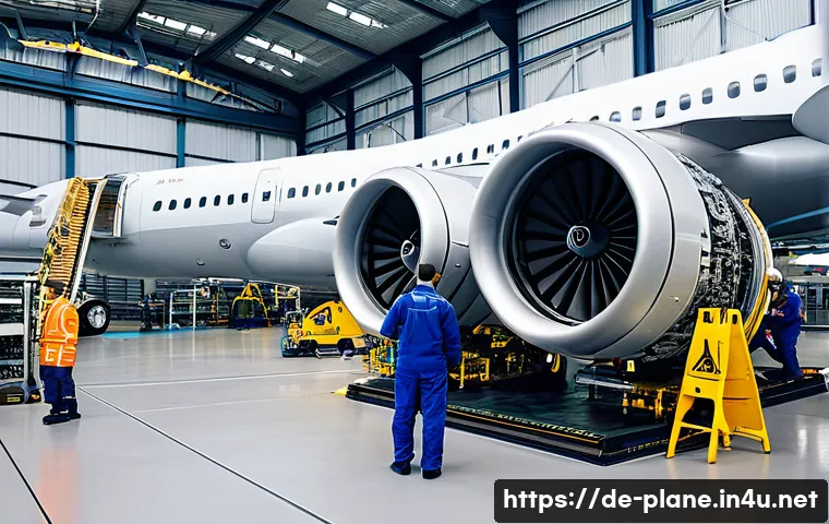 항공정비사 이직 시 고려할 점 - A detailed scene inside a modern large aviation maintenance hangar in Germany, showing a diverse tea...