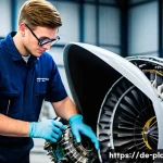 항공정비사 학습 자료 추천 - A detailed workshop scene inside a modern aircraft maintenance hangar in Germany, showing a young ad...