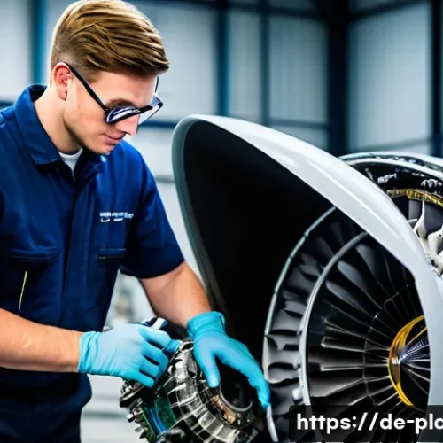 항공정비사 학습 자료 추천 - A detailed workshop scene inside a modern aircraft maintenance hangar in Germany, showing a young ad...