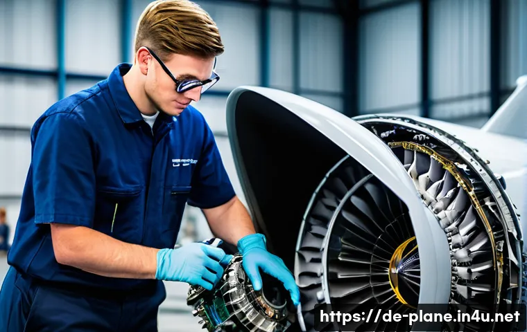항공정비사 학습 자료 추천 - A detailed workshop scene inside a modern aircraft maintenance hangar in Germany, showing a young ad...