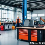 항공정비사가 겪는 스트레스와 해결법 - A busy aircraft maintenance workshop scene in Germany, showing a diverse team of mechanics wearing p...