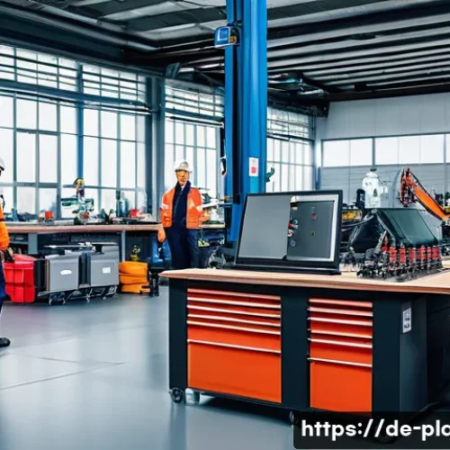 항공정비사가 겪는 스트레스와 해결법 - A busy aircraft maintenance workshop scene in Germany, showing a diverse team of mechanics wearing p...