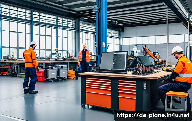 항공정비사가 겪는 스트레스와 해결법 - A busy aircraft maintenance workshop scene in Germany, showing a diverse team of mechanics wearing p...
