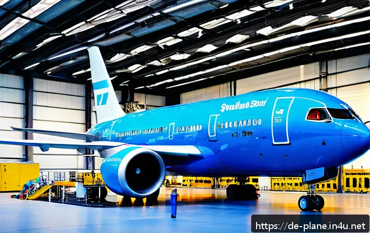 항공정비사와 항공기 내부 점검 - A detailed scene of an aircraft maintenance hangar in Germany during a C-Check, showing a large comm...