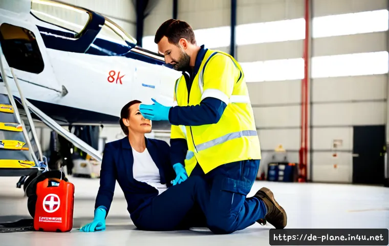 Home 17 항공정비사가 알아야 할 응급 처치 - Photorealistic aircraft maintenance technician in a German airport hangar providing first aid to a s...
