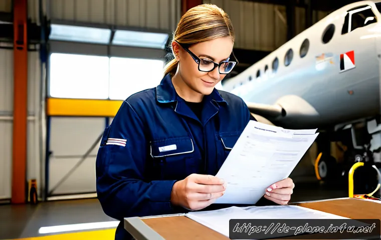 항공정비사 경력 증명서 작성법 - Photorealistic German aircraft maintenance technician in a clean modern aviation hangar, wearing nav...
